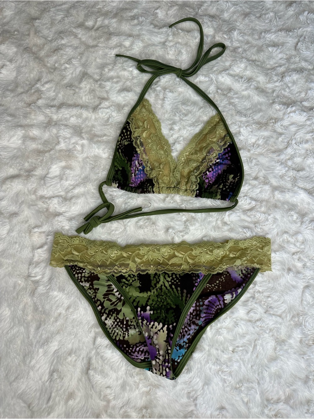 Lace-Trim Olive & Purple Pattern Bikini Set
